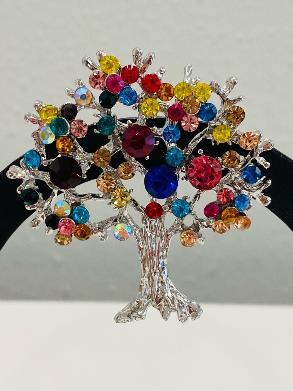 Tree of Life Brooch Multicolor Rhinestone Silvertone Colorful Tree Pin